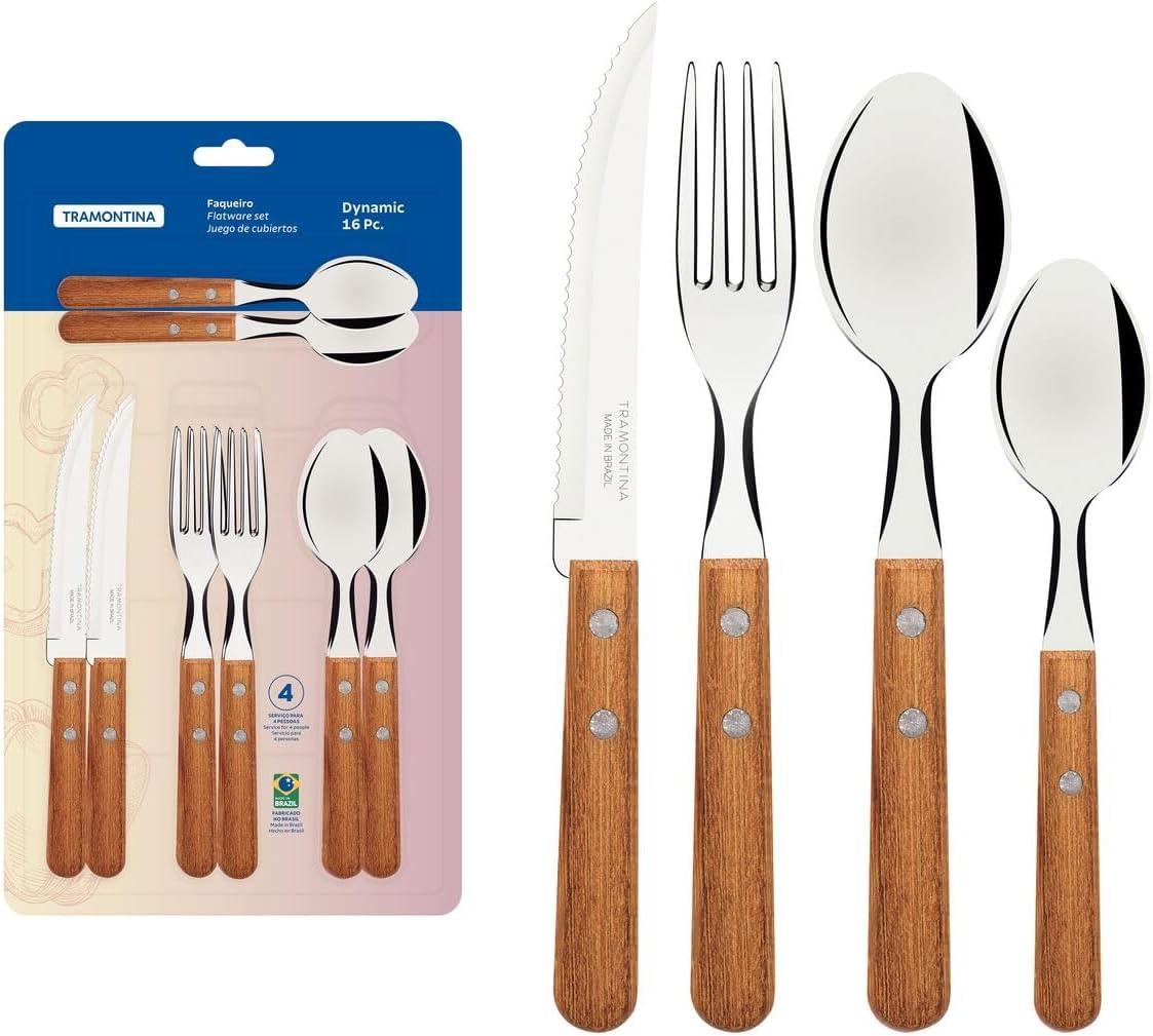 Tramontina 22399/003 Wooden Tableware, 16-Piece Set, Natural Wood, Made in Brazil, Dynamic