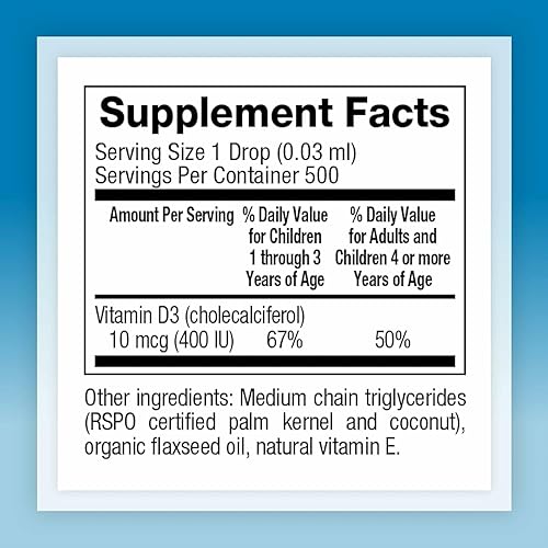 Miniatura 2 de Factores naturales, Vitamina D3 gotas 400 IU, soporta huesos fuertes, dientes y función inmune con semillas de lino, palma y aceites de coco, 0.5 fl