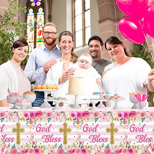 Image of Baby Girl Baptism Tablecloths - 3-Packs Pink Newborn Baby Girl Baptism Party Tablecovers Decor Flower Disposable Plastic Waterproof Rectangle Tablecloths God Bless First Communion Table Cover