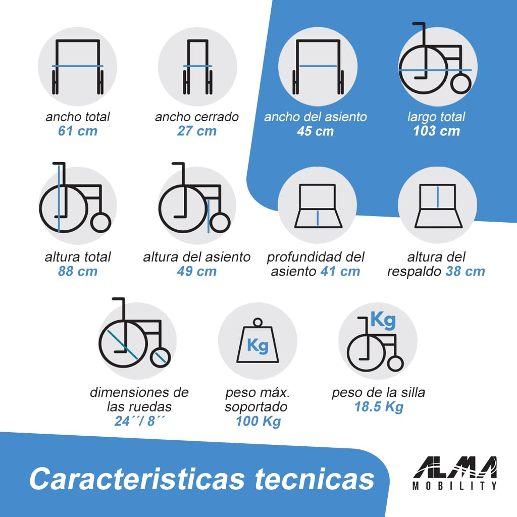 ALMA Power 1.1 Silla de Ruedas Manual - Silla Plegable con Aros de Propulsión, Reposabrazos Abatible, Frenos de Mano, Ruedas Traseras Grandes
