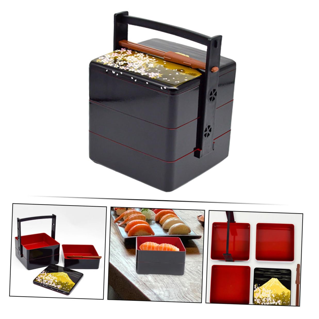 Boîte Bento Japonaise Noire à 3 Niveaux, Boîte à Lunch Portable en Abs Réutilisable, Hermétique et Pratique, pour Pique-niques et Rangement Alimentaire
