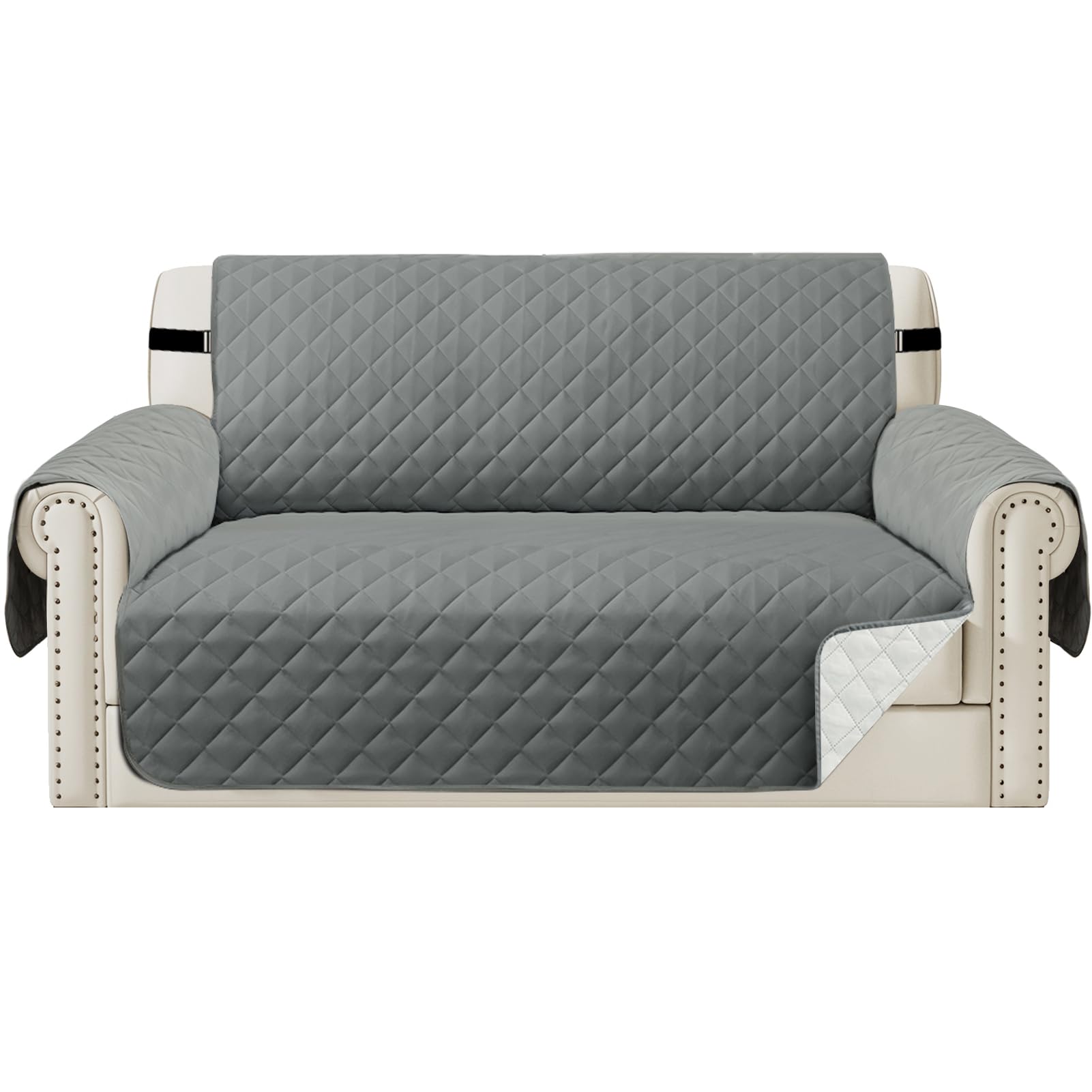 Teynewer Sofa Covers 2 Seater Water Repellent Reversible Sofa Slipcovers Loveseat Couch Settee Covers Non-Slip Furniture Slipcovers with Elastic Straps for Kids Pets, Grey/Beige