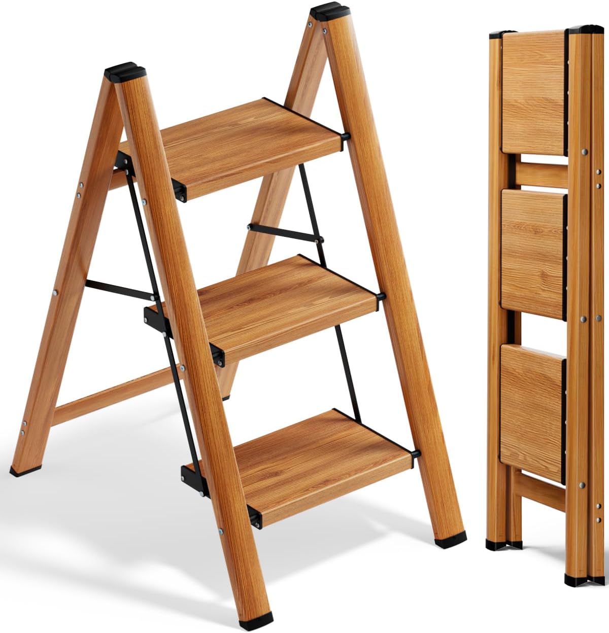 3 Step Ladder, Folding Aluminum 3 Step Stool with Anti-Slip Wide Sturdy Pedal, Multi-Use for Home and Kitchen Use, Space Saving-Woodgrain(300 lbs Capacity)