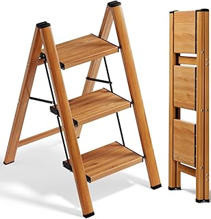 3 Step Ladder, Folding Aluminum 3 Step Stool with Anti-Slip Wide Sturdy Pedal, Multi-Use for Home and Kitchen Use, Space Saving-Woodgrain(300 lbs Capacity)