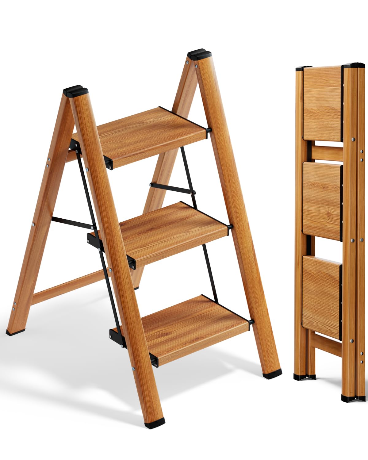 3 Step Ladder, Folding Aluminum 3 Step Stool with Anti-Slip Wide Sturdy Pedal, Multi-Use for Home and Kitchen Use, Space Saving-Woodgrain(300 lbs Capacity)