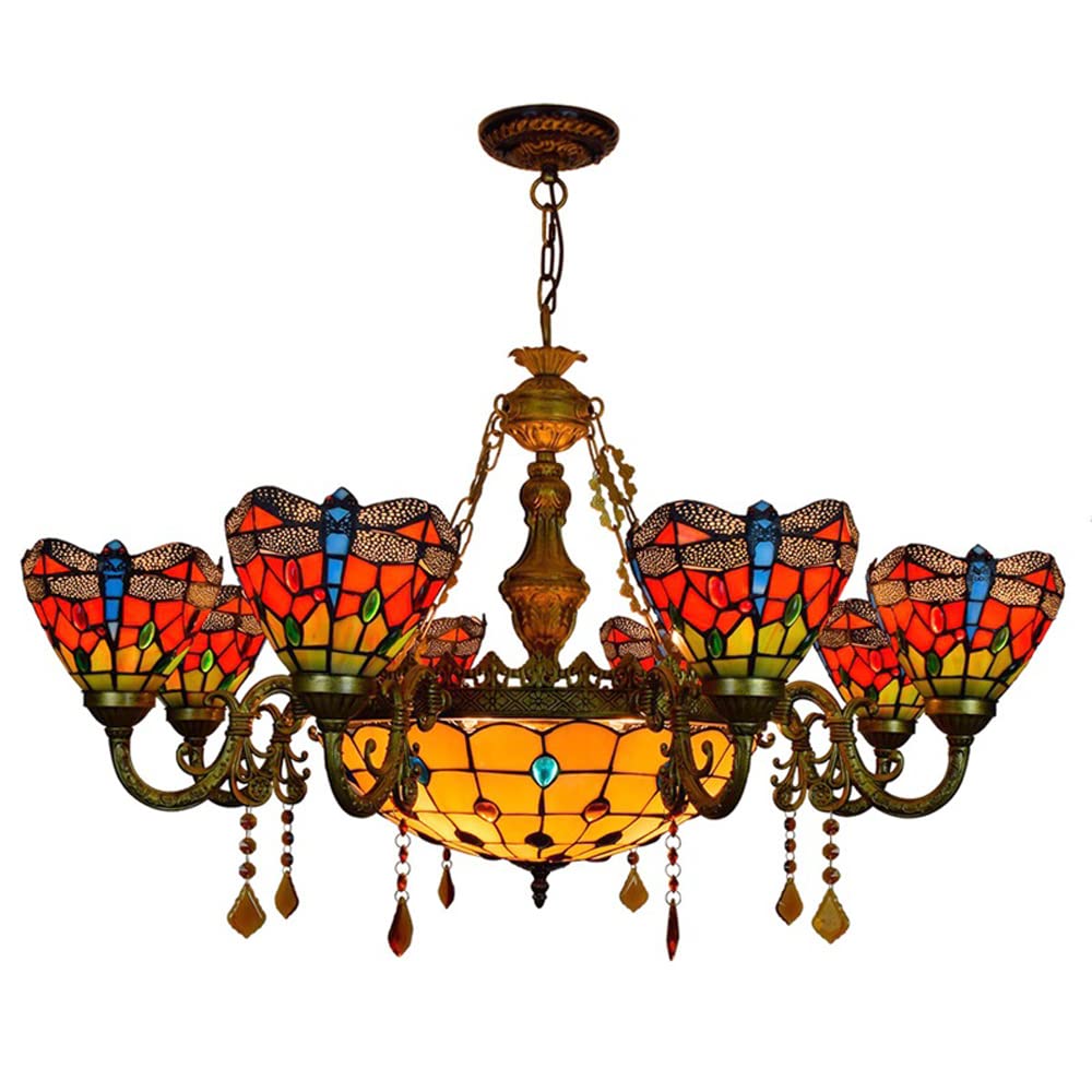 FYZDLAOR 8+1-Light Chandelier,with Red Dragonfly Pattern Lampshade Pendant Light Light Fixtures,Tiffanystyle Stained Glass Hanging Light Wide 36 Inch with Crystal Pendant