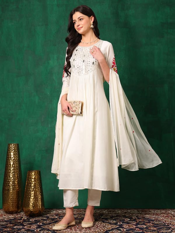 Image of NIVANA Stylish Womens Mirror Embroidered Kurta with Pant & Embroidered Dupatta | Lightweight & Breathable | Ethnic Traditional Outfit for Womens & Girls (White,S)