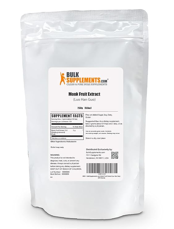 BulkSupplements.com Monk Fruit Extract Powder - Luo Han Guo - Pure Monk Fruit - Monk Fruit Powder - Monk Fruit Without Erythritol - 2g or Monk Fruit Extract per Serving (250 Grams - 8.8 oz)