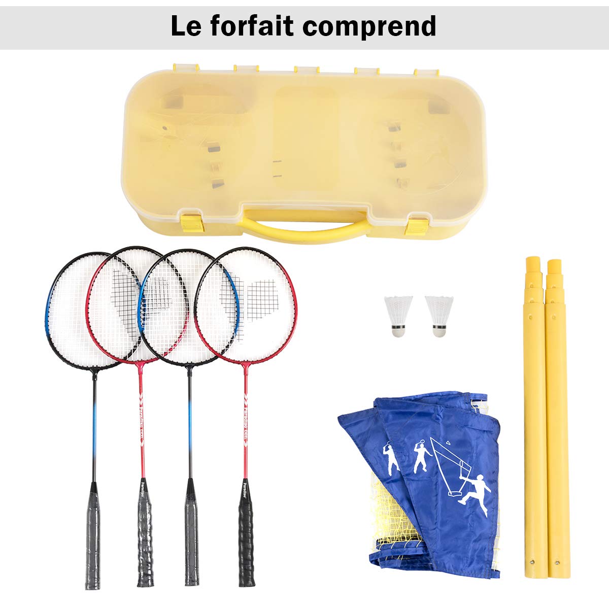COSTWAY Filet de Badminton Portable 3M x 1,5 M avec Base de Rangement et Sac de Transport Set de Badminton 4 Raquettes, 2 Volants Installation Rapide pour Jeu de Plage,de Jardin