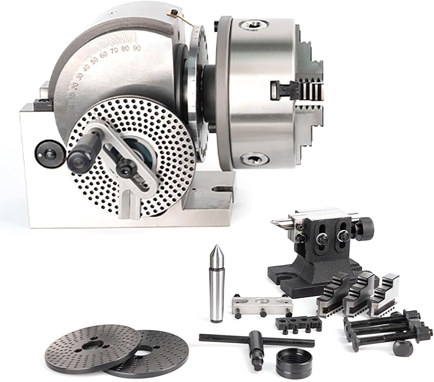 Precision 4/5/6/8 Inch Dividing Head Set with Tailstock for Milling Machine - 1:90 Ratio, 0-90° Rotary Table, Ideal for Metalworking, Machining