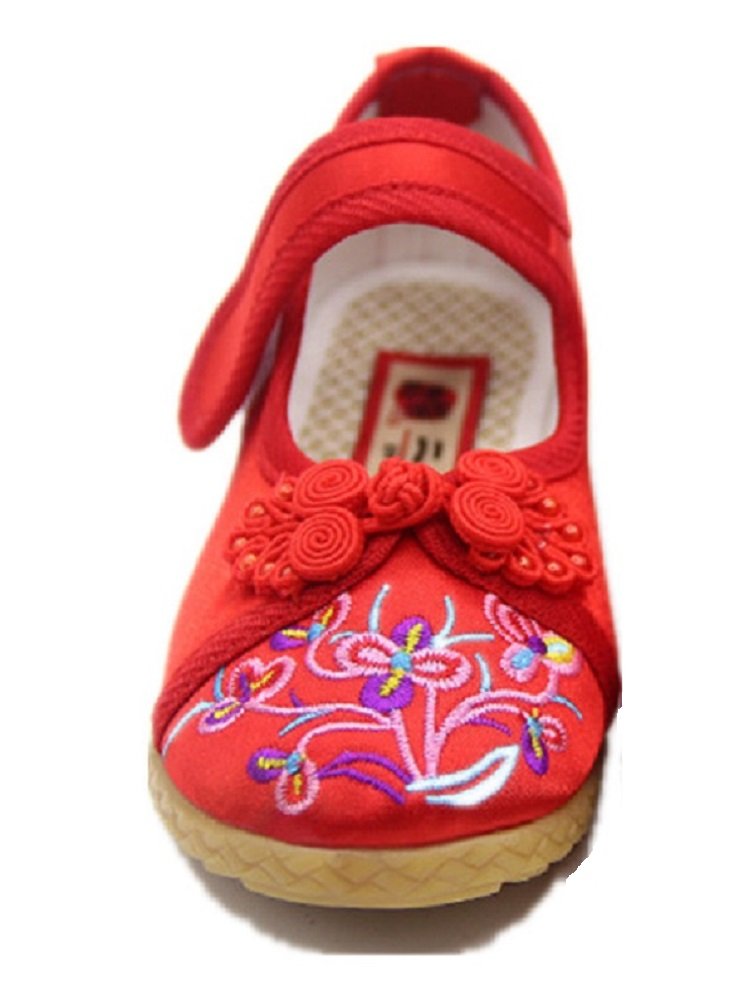Tianrui Crown Children Girl's Frog Embroidery Mary-Jane Shoes Kid's Cute Flat Cheongsam Shoe Red