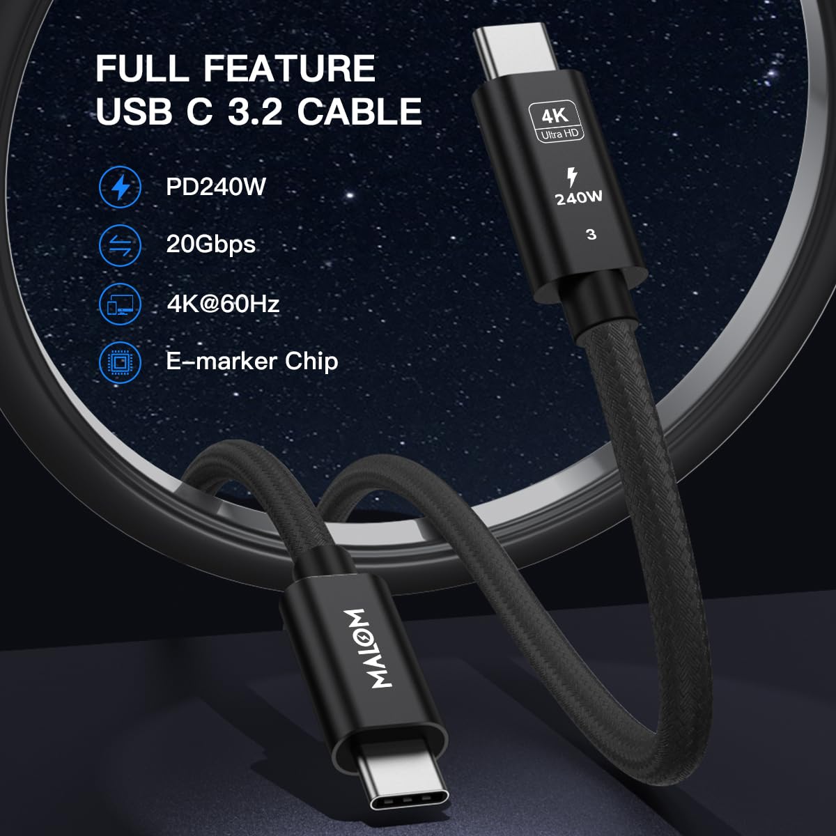 MALOM USB 3.2 Gen 2, 240W, USB C auf USB C Kabel, Schnellladung für MacBook Pro/Air, iPad Pro, iPhone 15 Pro Max, Galaxy S24/S23, Steam Deck, 20Gbps Datenübertragung, 4K-Videoausgang (Schwarz, 10 m)