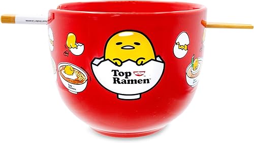 Sanrio Gudetama x Nissin Top Ramen - Juego de vajilla de cerámica japonesa Incluye cuenco de fideos ramen de 20 onzas y palillos de madera