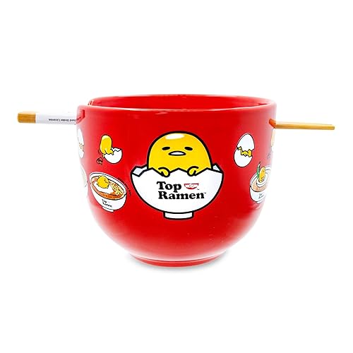 Sanrio Gudetama x Nissin Top Ramen Japanese Ceramic Dinnerware Set | Includes 20-Ounce Ramen Noodle Bowl and Wooden Chopsticks - Red