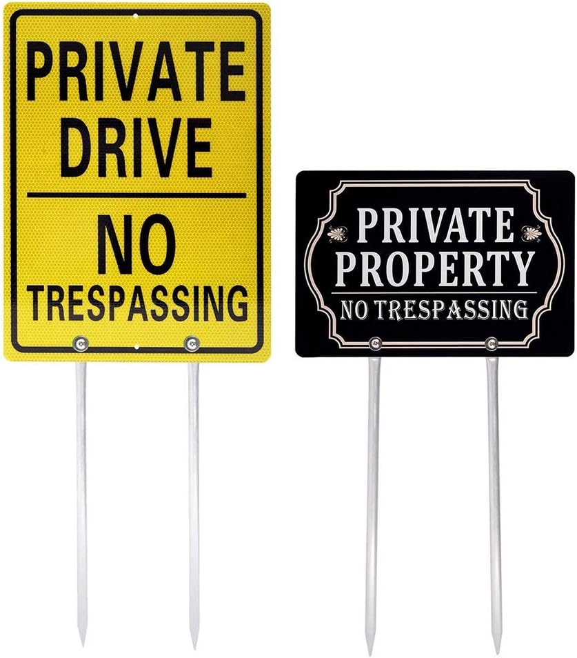 Kichwit Private Drive No Trespassing Sign, Private Property No Trespassing Sign, Aluminum, All Metal Construction, 14" Metal Stakes Included
