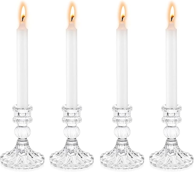 Sziqiqi Glass Candlestick Holders Set of 4, Clear Glass Taper Candle Holder, Elegant Crystal Candle Holders for Table Centrepieces for Dining Living Room Wedding Party
