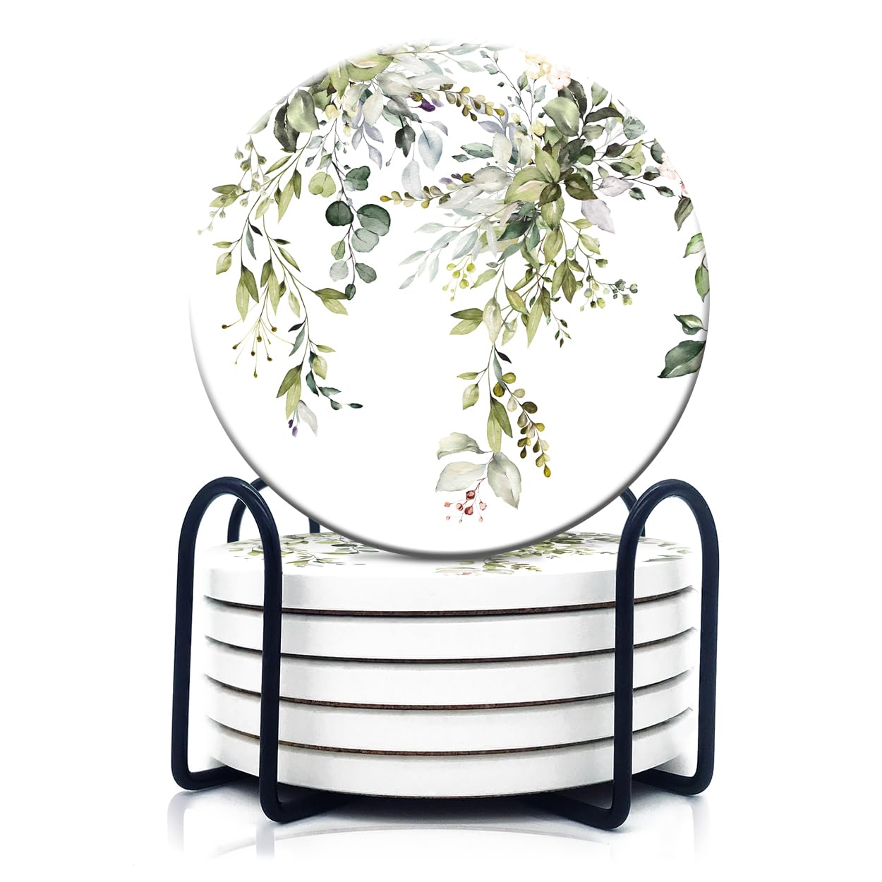 HOPONY Coasters for Drinks,6 Pieces Ceramic Stone Coaster Set with Metal Holder Stand, Cork Base,Absorbent Cups Place Mats for Home Decor Abstract