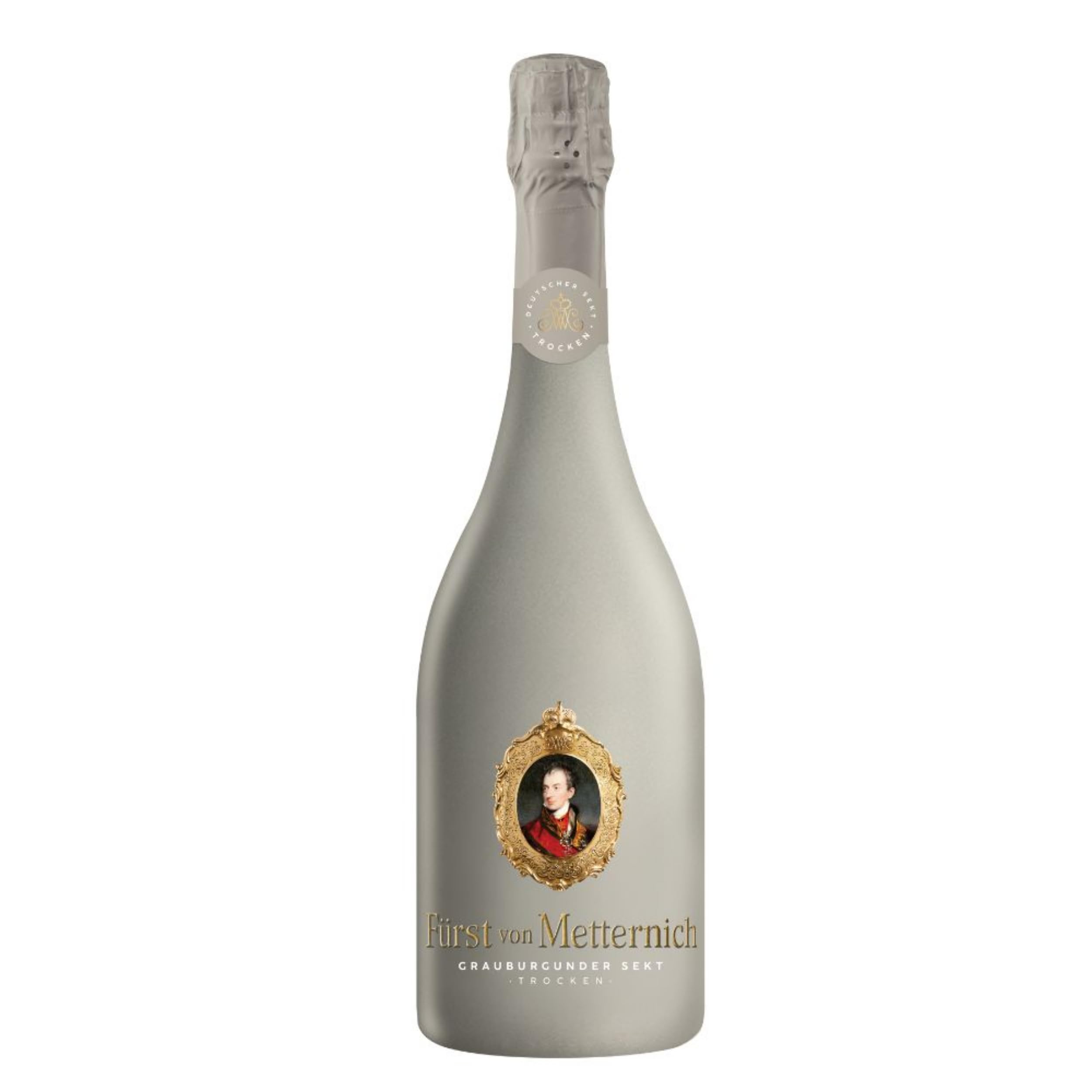Fürst von Metternich Grauburgunder Sekt Trocken (1x0,75 l) – Deutscher Premium-Sekt mit feiner Perlage & gelben Fruchtaromen– Elegantes Design in Mattgrau