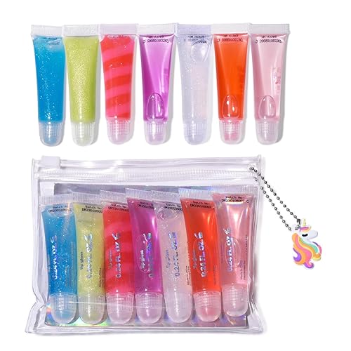 M&U Sparkle - Juego de brillo de labios con bolso de mano, 7 piezas de sabores surtidos, bálsamo labial hidratante, favor de fiesta, maquillaje para
