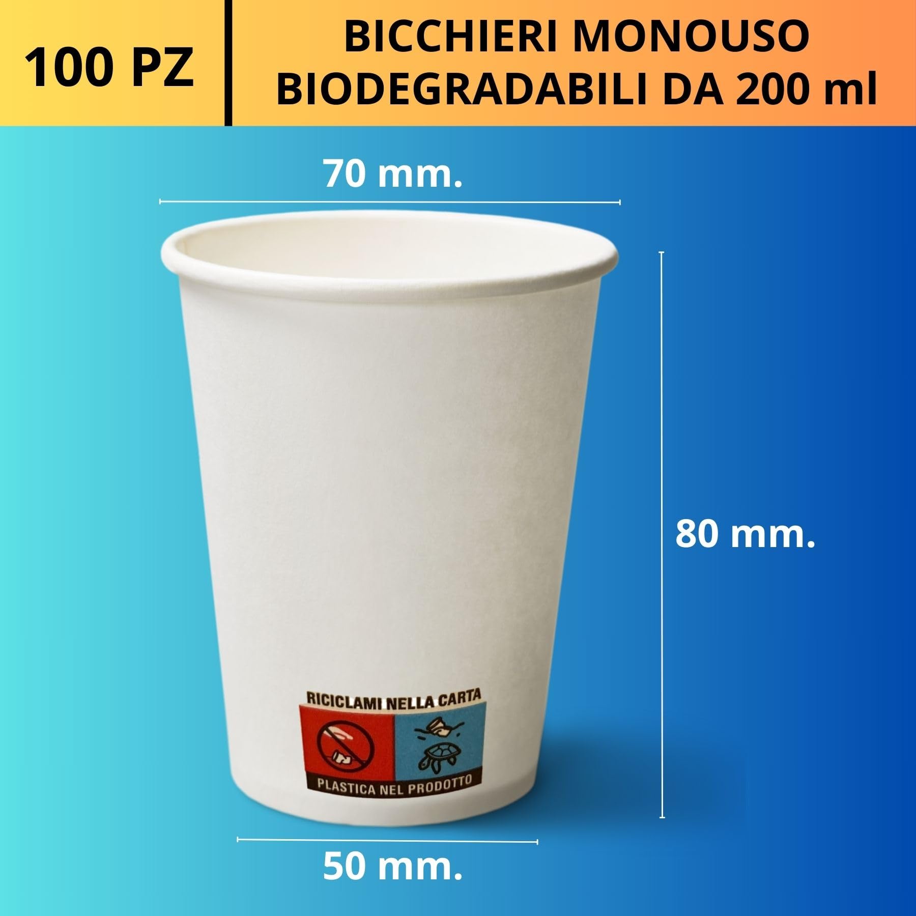 Easy8 100 Bicchieri Carta 200 ml, Bicchieri Usa e Getta, per Caffè, Acqua, Bevande Calde Fredde, Biodegradabili, Monouso, Grandi, Ecologici, Sostenibili