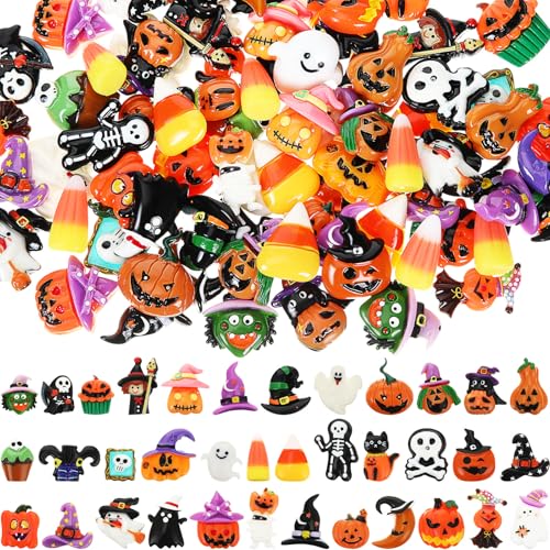 Giegxin 40pcs Halloween Resin Charms Halloween Decor Pumpkin Witch Hat Candy Corn Ghost Flatback Cabochon Accessories Cute Embellishment Bulk for Jewelry Cellphone Case Scrapbooking Headband DIY Craft