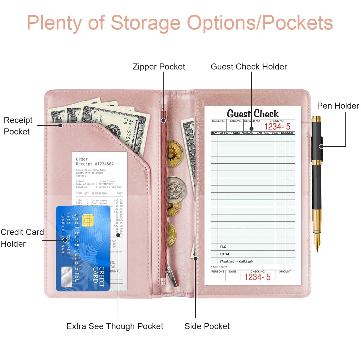 WAVEYU Server Book For Waitress - Leather Money Organizer With Zipper Pocket, Check Holder, 8x5 Inch, Cute Marble