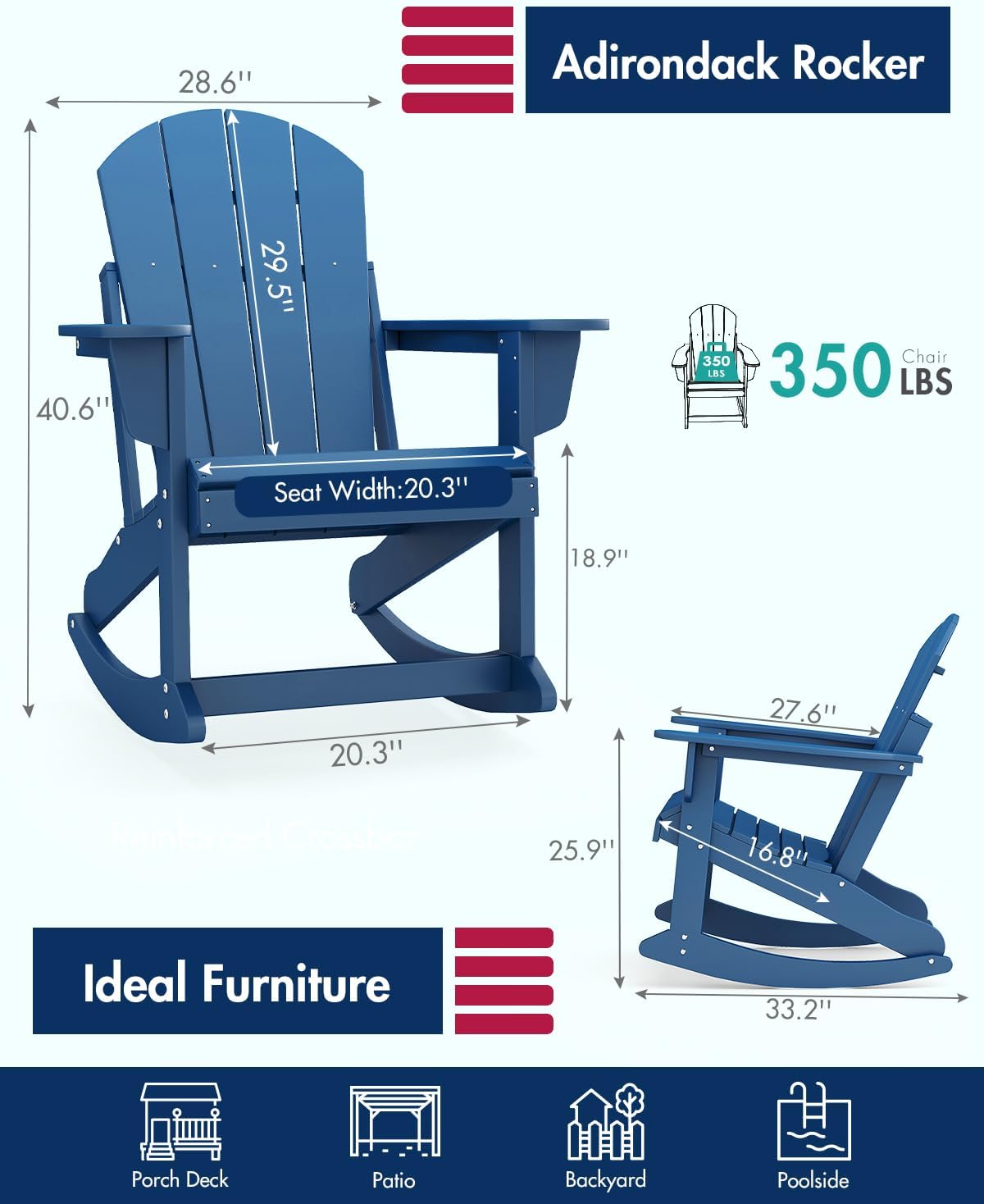 BRIOPAWS Adirondack-Outdoor-Rocking Chairs | Set of 2 | HDPE | Blue | Porch Rockers | All Weather | Patio Rocker Chair | Oversized | Fan Back | Strong Rocking Legs| for Deck Balcony Poolside