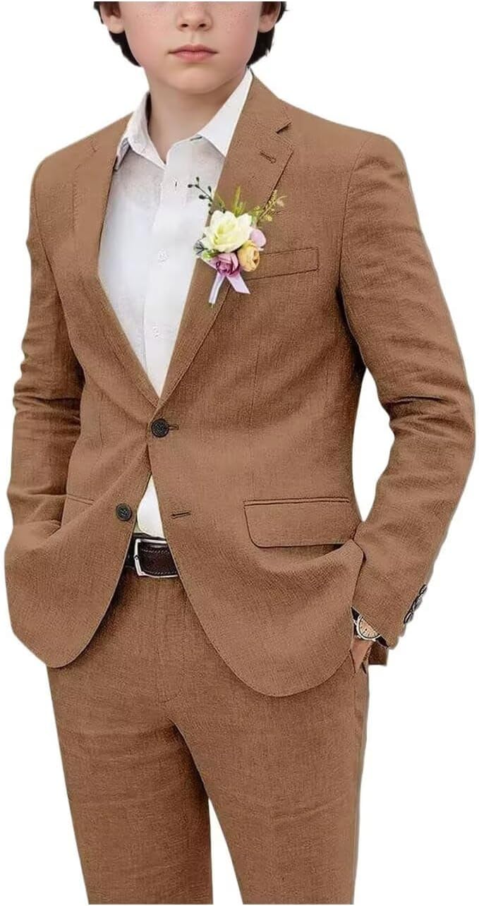 ONAXTDA Boys Linen 2 Piece Blazer Pants Set Single Breasted Notch Lapel Summer Suit for Prom Homecoming Party