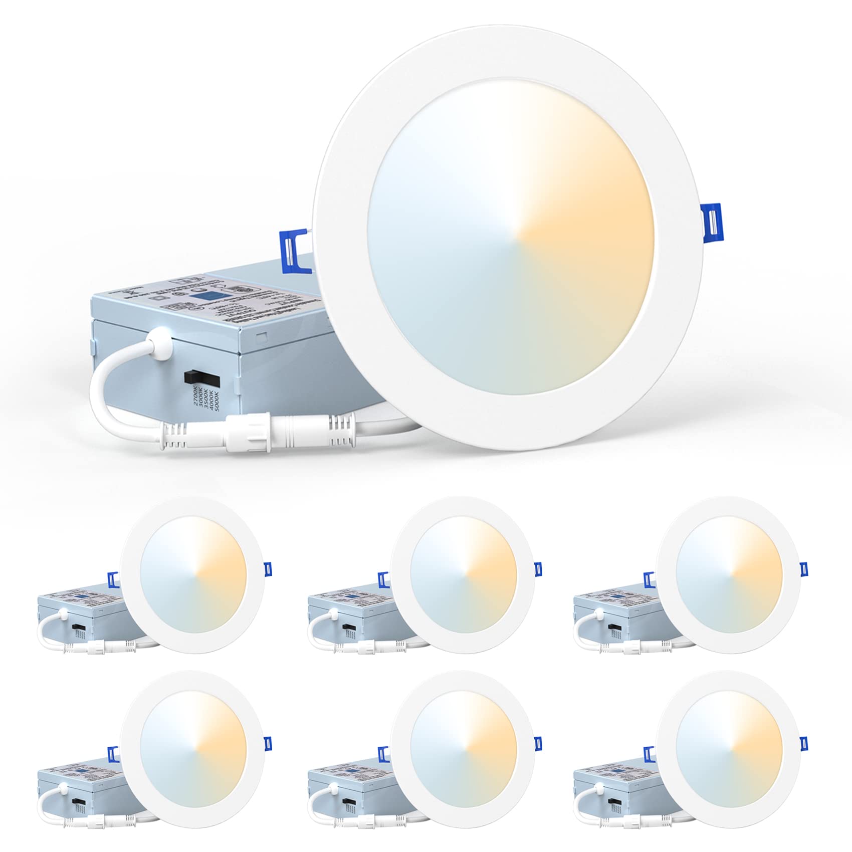 FLINEVE 6 Pack 4 Inch 5CCT Ultra-Thin Canless Aluminum LED Recessed Ceiling Light with Junction Box, 2700K/3000K/3500K/4000K/5000K Selectable, 9W=60W, 800LM,Dimmable, ETL and Energy Star Certified