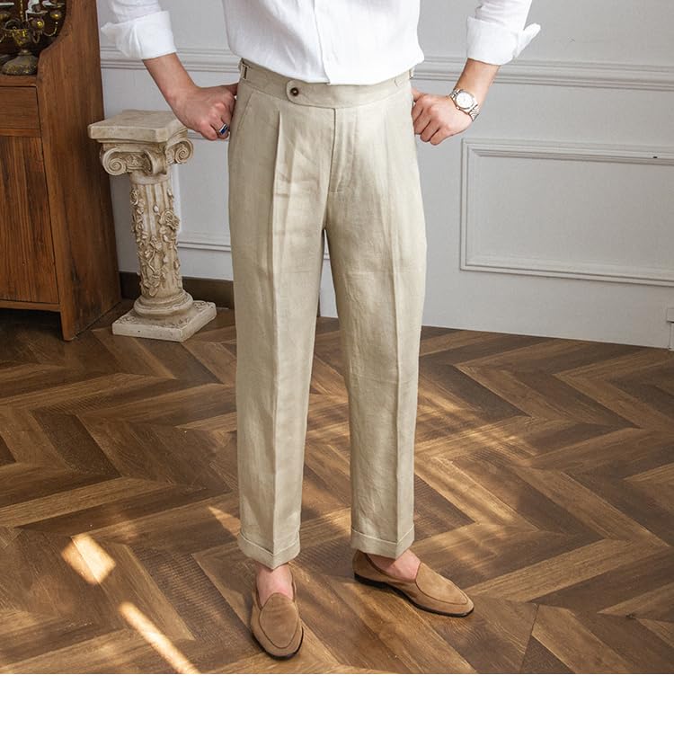 Men's Classic Pleated Dress Pants High-Waist Linen Blend Formal Business Slacks for Light Breathable Casual Summer2