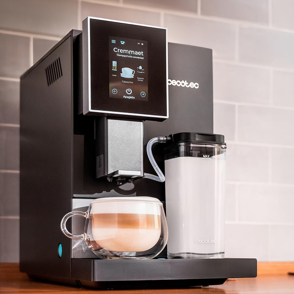Cecotec Kompaktowy superautomatyczny ekspres do kawy z Cremmaet Compactccino Connected Black Silver. 1350W, 19 barów, wyświetlacz TFT i aplikacja, młynek, zbiornik na mleko 400 ml i 1 l wody