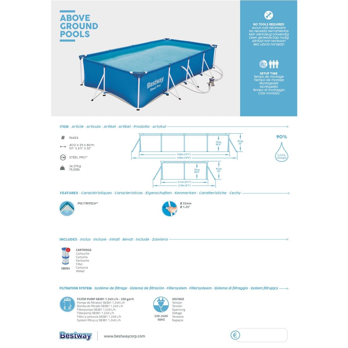 Bestway 56424 Piscine Hors Sol Steel Pro™ 400 X 211 X 81 cm, Filtre à Cartouche