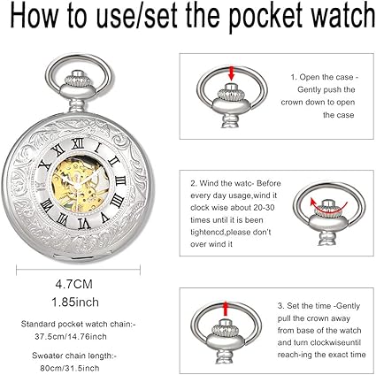 Unendlich U Mechanisch zakhorloge voor heren, vintage zakhorloge met vergrootglas, Romeinse cijfers, hol uurwerk, gelegeerd roestvrij staal, cadeau