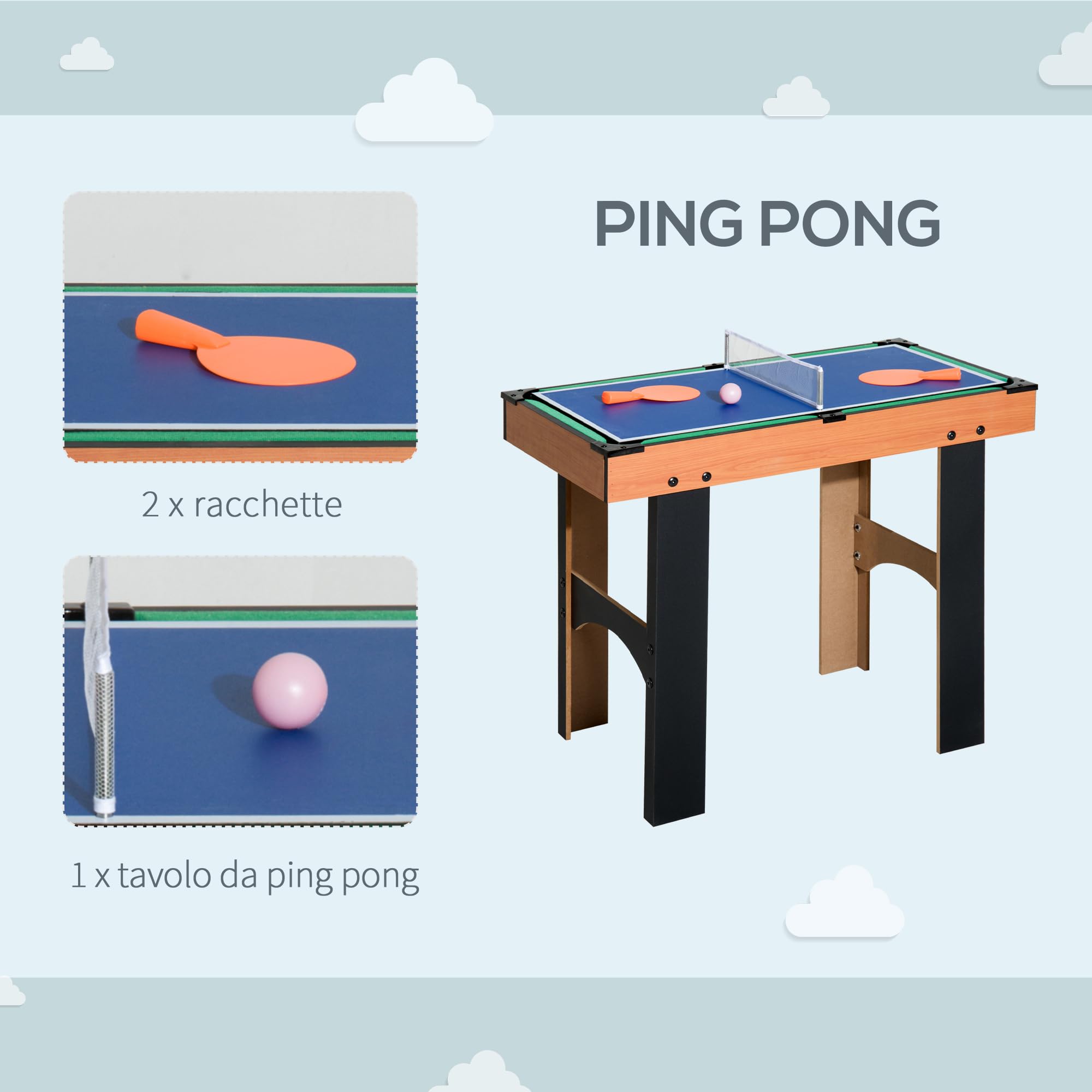 HOMCOM Tavolo Multigioco 4 in 1 con Calcio Balilla, Biliardo, Ping Pong e Hockey da Tavolo, Tavolo da Gioco con Accessori, in Legno MDF, Legno Naturale e Nero