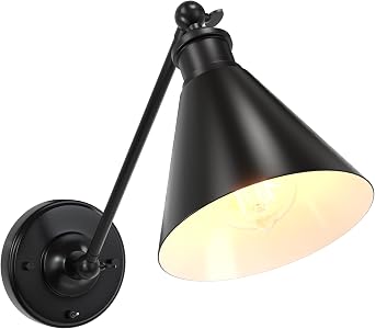 Industrial Vintage Wall Sconce, Slope Pole Wall Mount Single Sconce with Funnel Flared Metal Shade, Swing Arm Wall Sconce Light Fixture Hardwired