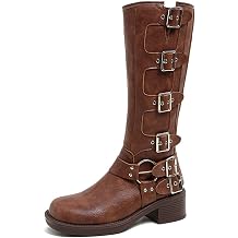 Ephirebra Womens Chunky Knee High Boots Buckle Goth Punk Motorcycle Med Heel Riding Boots Wide Calf Harness Cowboy Boots