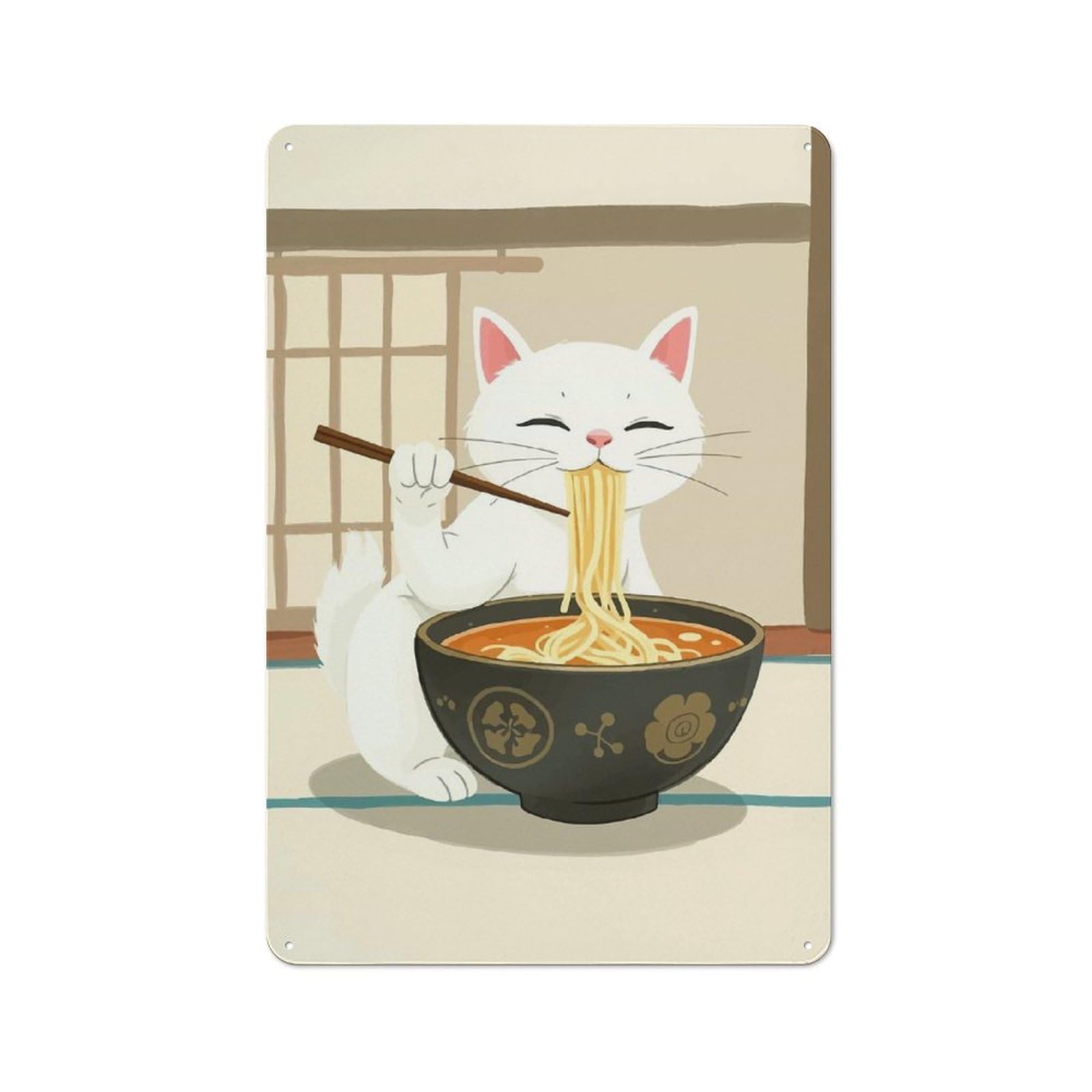 Junmoney Cat Eating Ramen Rustic Metal Plaque 30X20cm For Dining Room Or Kitchen, A Housewarming Gift For Dining Room Decor Fans