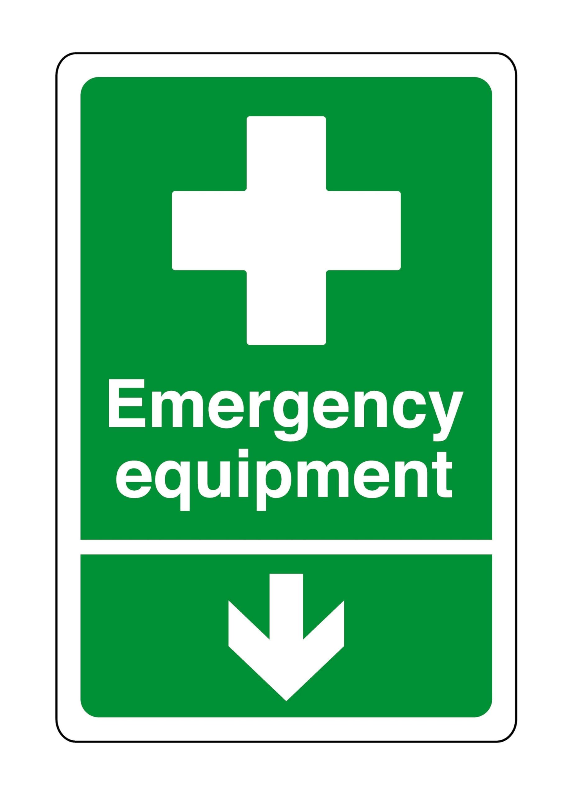 Safety First Display Ltd Green/White Emergency Equipment Arrow Down - Safety Sign, Health & Safety Signage, Workplace Safety, High Tack Self-Adhesive Sticker (200Mm X 150Mm) Viewing Distance Within 5M.