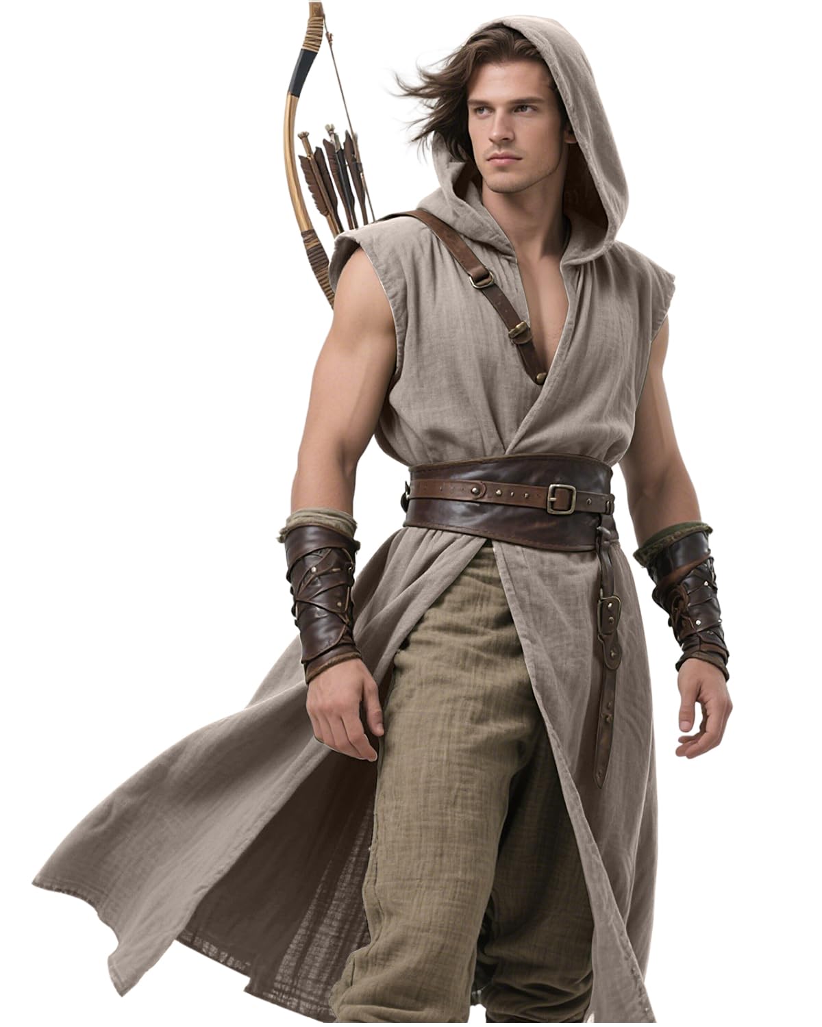 L'VOW Men's Medieval Hooded Surcoat Renaissance Tabard Sleeveless Tunic Cloak Viking Costume Holloween Assassin Cosplay, Khaki, Large