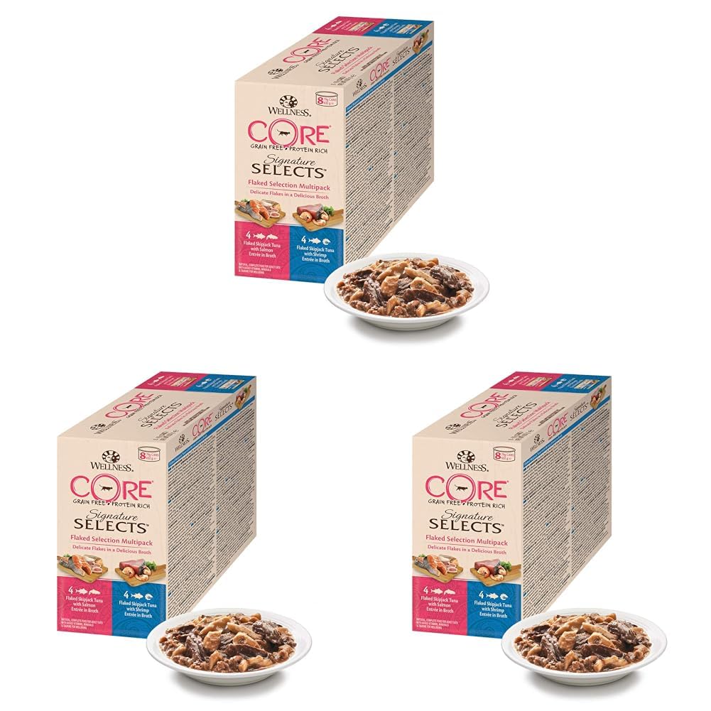 Wellness CORESignature Selects, Wet Cat Food, Cat Food Wet in Sauce, Grain Free Cat Food, High Meat Content, Flaked Selection Mix, 8 x 79 g (Pack of 3)
