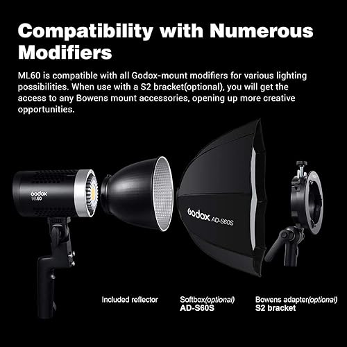 Miniatura 6 de Godox ML60, luz de video LED de mano de 60 W, 69000LUX@1.6 ft, CRI96+ TLCI 97+, 16 grupos 32 canales 99IDs, ventilador ultra silencioso, compatible