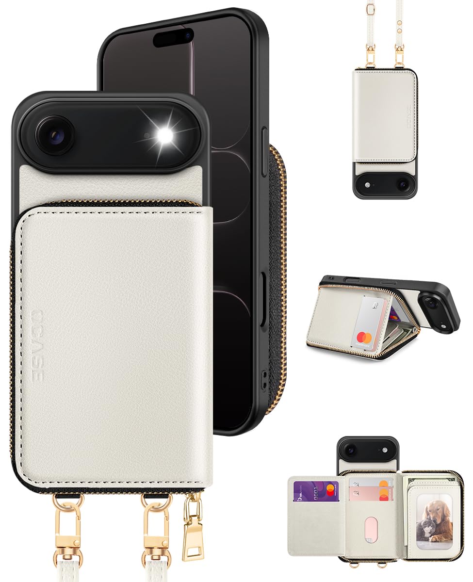 OCASE Custodia Portafoglio per iPhone Air, Custodia in Pelle con Cerniera, Porta Carte con Blocco RFID, con Tra Collo Regolabile Rimovibile, Protettiva Antiurto Cover per iPhone Air, Avorio