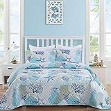 Dinjoy Coastal Quilt Set Twin Size, Blue Ocean Beach Themed Bedding Set Coral Seashell Conch Starfish Pattern Microfiber Lightweight Summer Bedspread Coverlet Bed Set All Season(68x86 Inch)