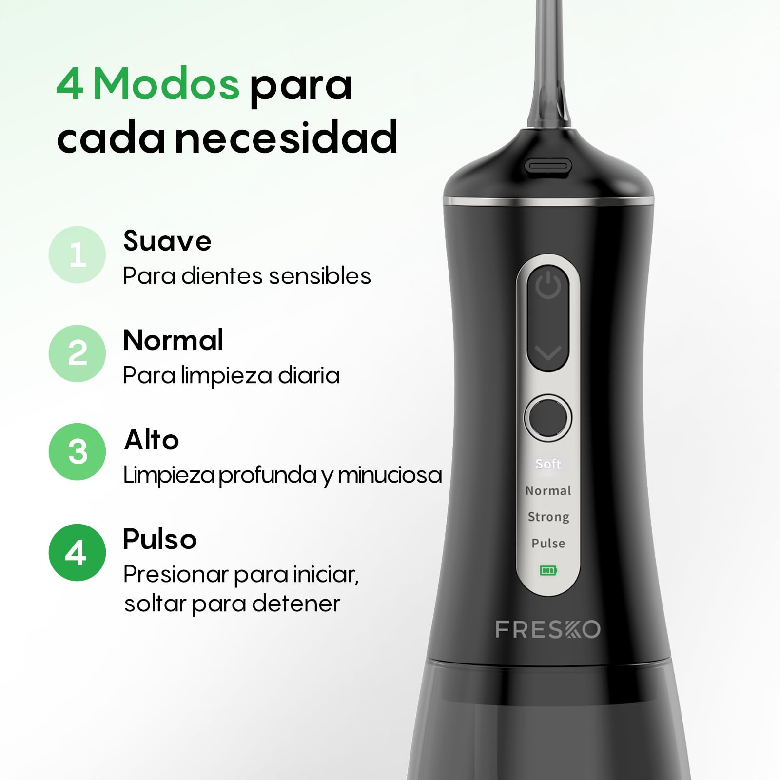 FRESKO Irrigador Dental Portatil, 300ML Irrigador Bucal con 4 Modos 45-105PSI, Batería 2600mAh, impermeable IPX7, 5 Boquillas para Ortodoncia e Implantes, Para el Hogar y los Viajes