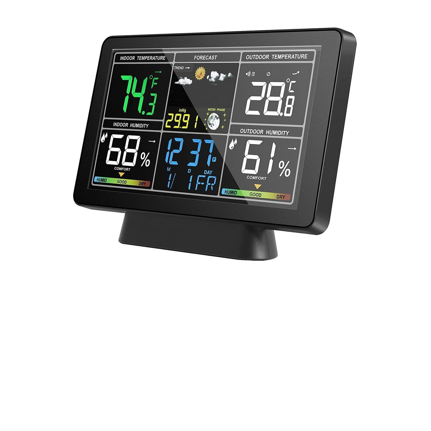 Stazione meteorologica con schermo a colori con display LCD da 7,5 pollici, termometro per interni ed esterni e misuratore di umidità con fasi lunari, pressione atmosferica e
