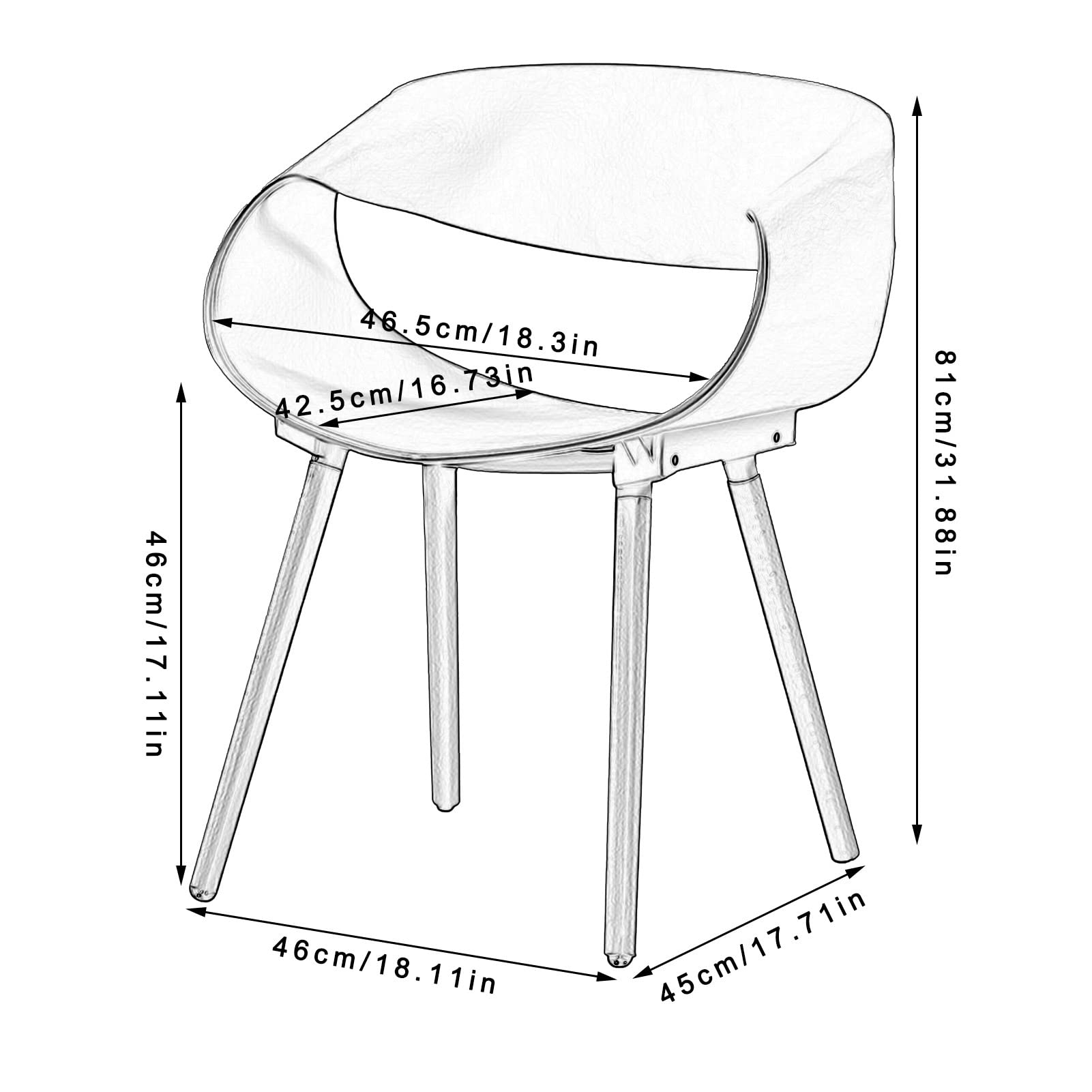 SJIALEN Modern Dining Chair Set of 2, for Living Room Desk Terrace Office Kitchen Chairs Leisure Plastic Seat Wood Legs Backrest Chair Kitchen Chair (Color : Black, Size : 46x45x81cm)