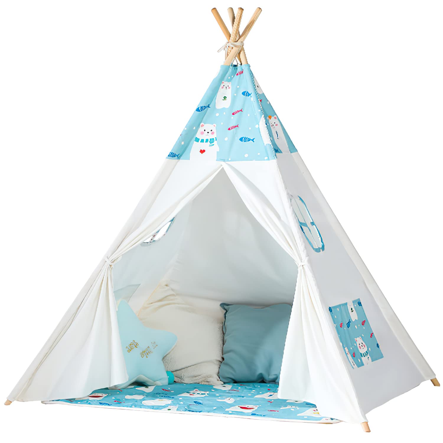 Rness Teepee Play Tent for Kids, with Non-Slip Mat, Foldable & Portable Children Toy Tent, Cotton Canvas, Polished Poles Solid Pine, Soft Pad, Blue