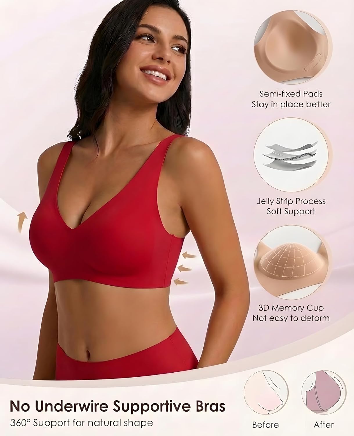 Jelly Wireless Push Up Bra Seamless Deep V Plunge T-Shirt Bra | Comfortable everyday no underwire bra with a seamless plunge design for invisible support and all-day wear