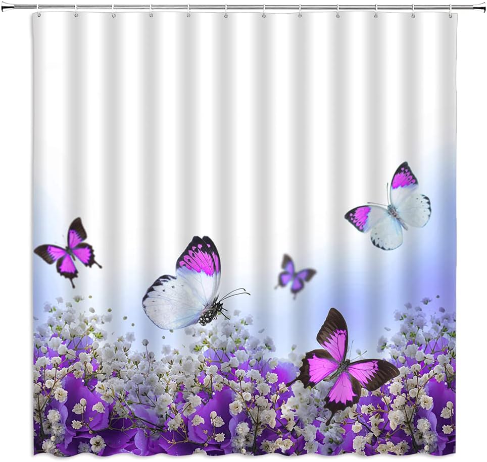 Flower Butterfly Shower Curtain Purple Floral Gypsophila Spring Wings Animal Plant Fantasy Fabric Bathroom Decor Set with Hooks(84" Wx70 H)