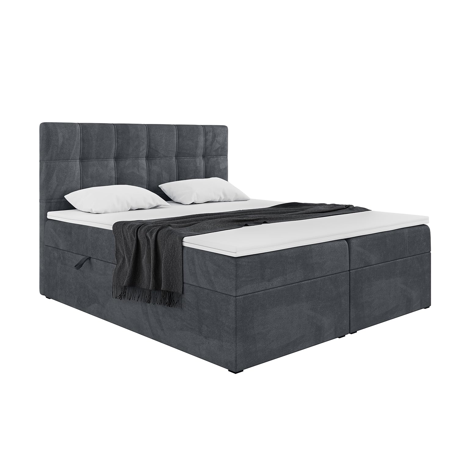 MEBLINI Boxspringbett mit Bettkasten - 140x220 - H4/Dunkelgrau Samt - Kai - Gepolstert Doppelbett mit Matratze und Topper - Polsterbett mit Stauraum - Bett mit Kopfteil - Stauraumbett